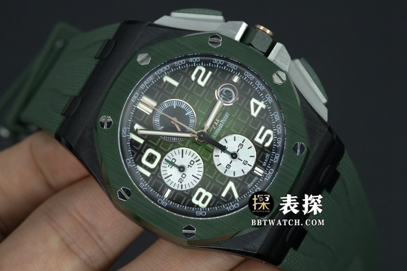 APF factory Audemars PiguetRoyal Oak offshore type 264051:1top-tier replica watch men's color ceramicgreen dial rubber model pictures and prices front live photo