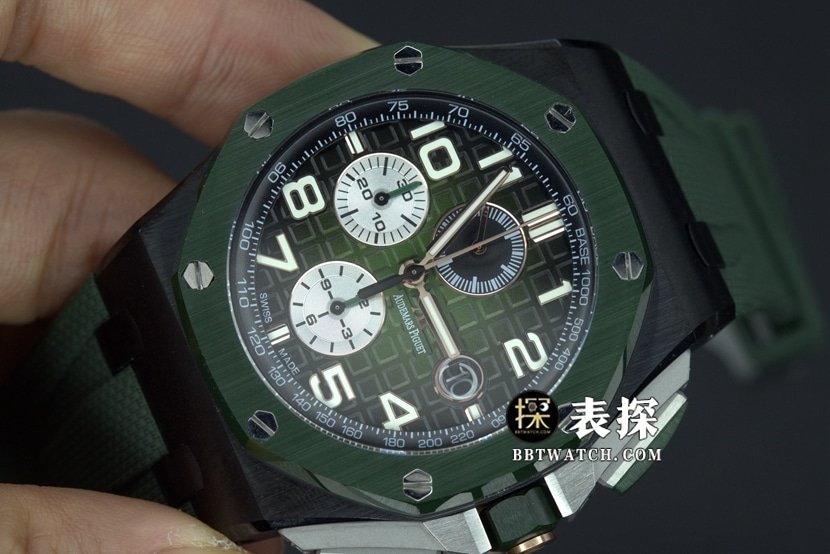APF factory Audemars PiguetRoyal Oak offshore type 264051:1top-tier replica watch men's color ceramicgreen dial rubber model pictures and prices front live photo