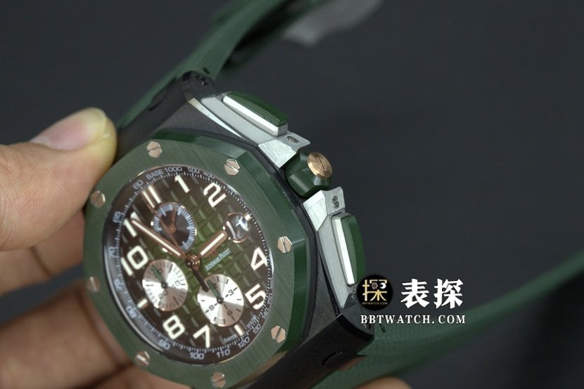 APF factory Audemars PiguetRoyal Oak offshore type 264051:1top-tier replica watch men's color ceramicgreen dial rubber model pictures and prices overall live photos