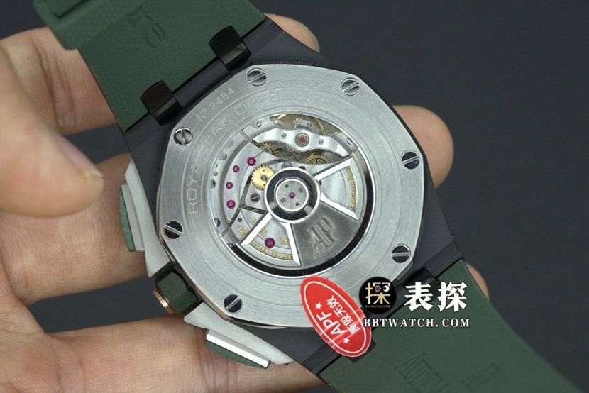 APF factory Audemars PiguetRoyal Oak offshore type 264051:1top-tier replica watch men's color ceramicgreen dial rubber model pictures and prices caseback live photo